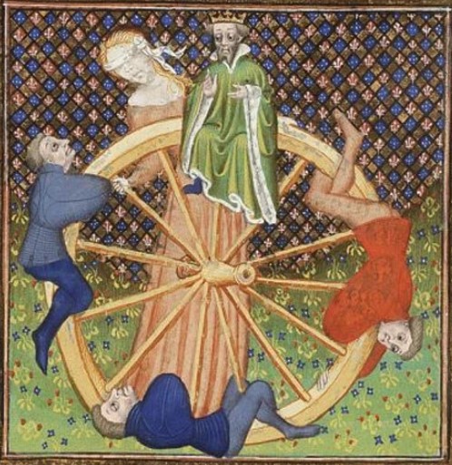 Schicksalsgöttin Fortuna dreht an ihrem Rad mit verbundenen Augen - wer weiß, was kommen wird?
